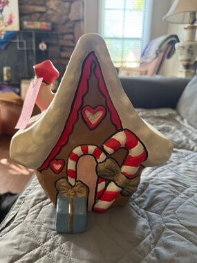 Hand-Painted Holiday Gingerbread House Figurine - Red, White, Brown